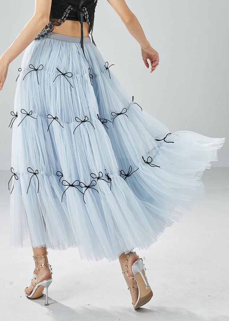 Women Sky Blue High Waist Patchwork Bow Tulle Skirt Summer