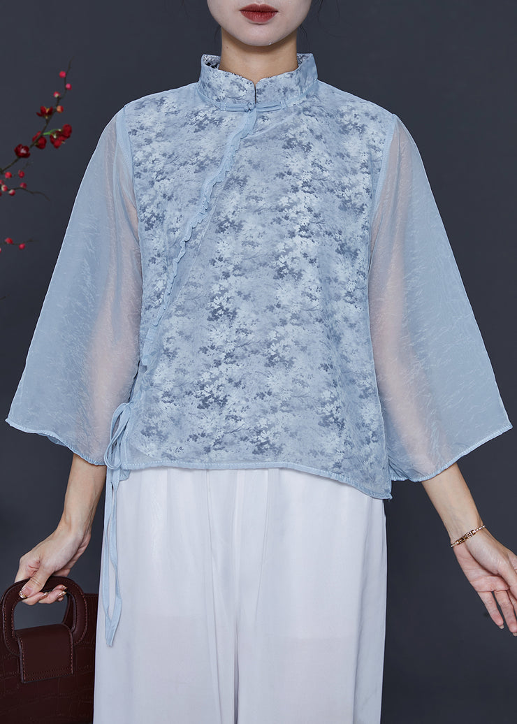 Women Sky Blue Mandarin Collar Print Chiffon Shirt Top Spring