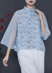 Women Sky Blue Mandarin Collar Print Chiffon Shirt Top Spring