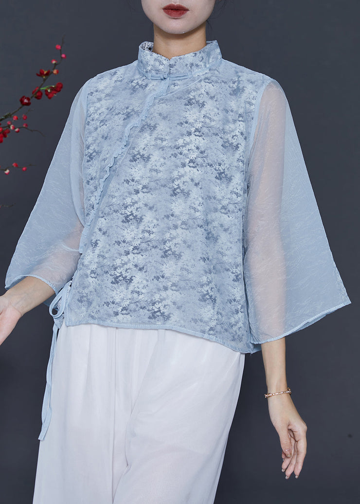 Women Sky Blue Mandarin Collar Print Chiffon Shirt Top Spring