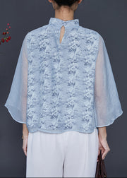 Women Sky Blue Mandarin Collar Print Chiffon Shirt Top Spring