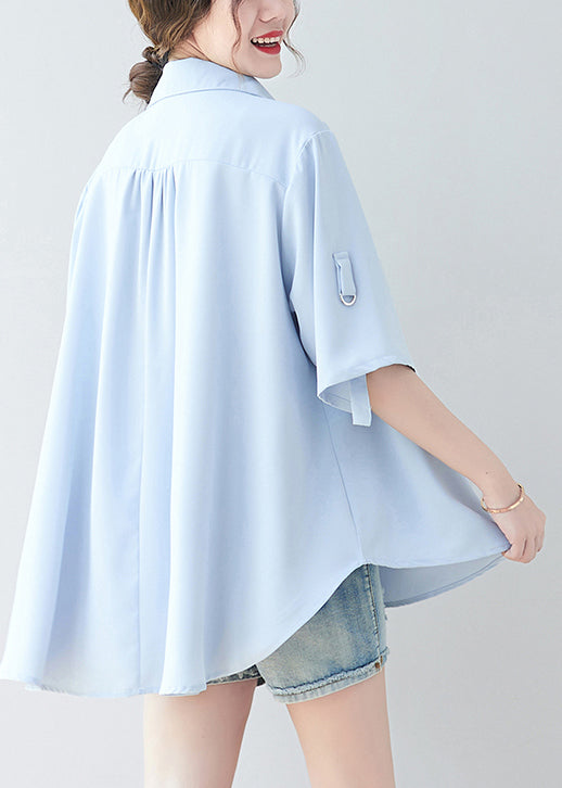 Women Sky Blue Oversized Low High Design Chiffon Shirt Summer