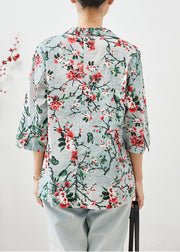 Women Slim Fit Plum Blossom Print Pockets Linen Coats Half Sleeve