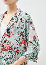 Women Slim Fit Plum Blossom Print Pockets Linen Coats Half Sleeve