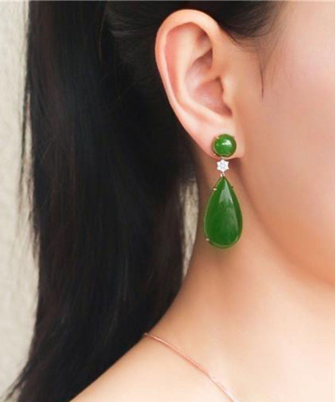 Women Spinach Green Jade Zircon Water Drop Drop Earrings