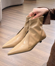 Women Splicing Ankle Boots Khaki Faux Leather Pointed Toe