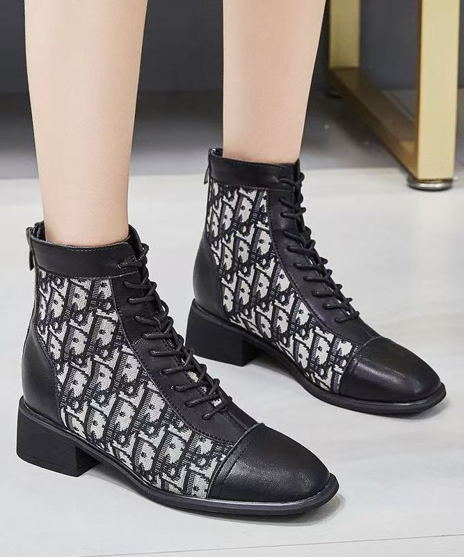 Women Splicing Chunky Boots Black Faux Leather Lace Up