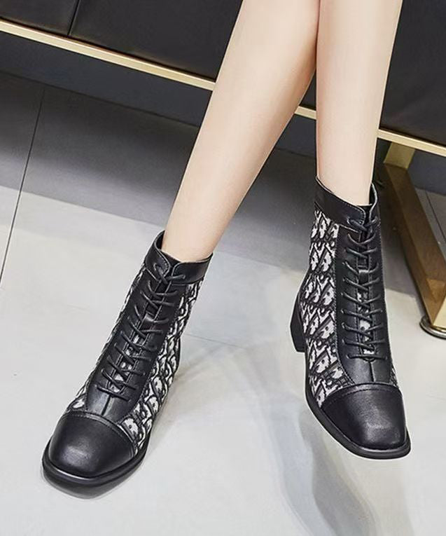 Women Splicing Chunky Boots Black Faux Leather Lace Up