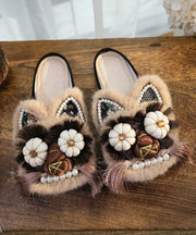 Women Splicing Slippers Shoes Coffee Embroidery Tassel