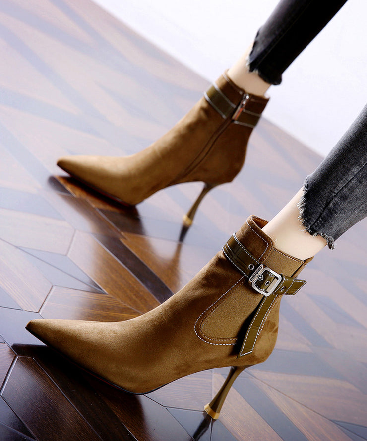 Women Splicing Stiletto Boots Khaki Suede Pointed Toe