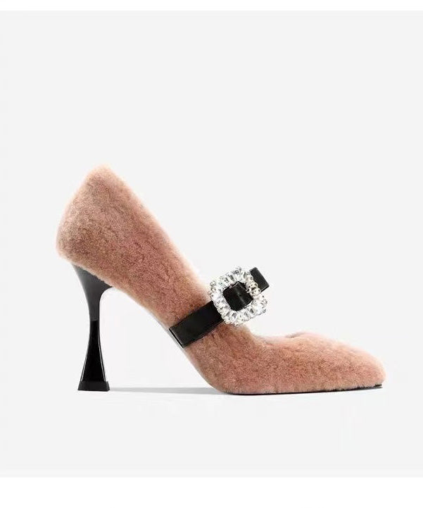 Women Splicing Stiletto High Heels Pink Faux Fur