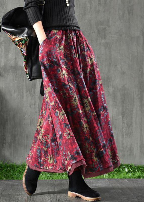 Women Velour Red Floral Skirt Maxi Length - SooLinen