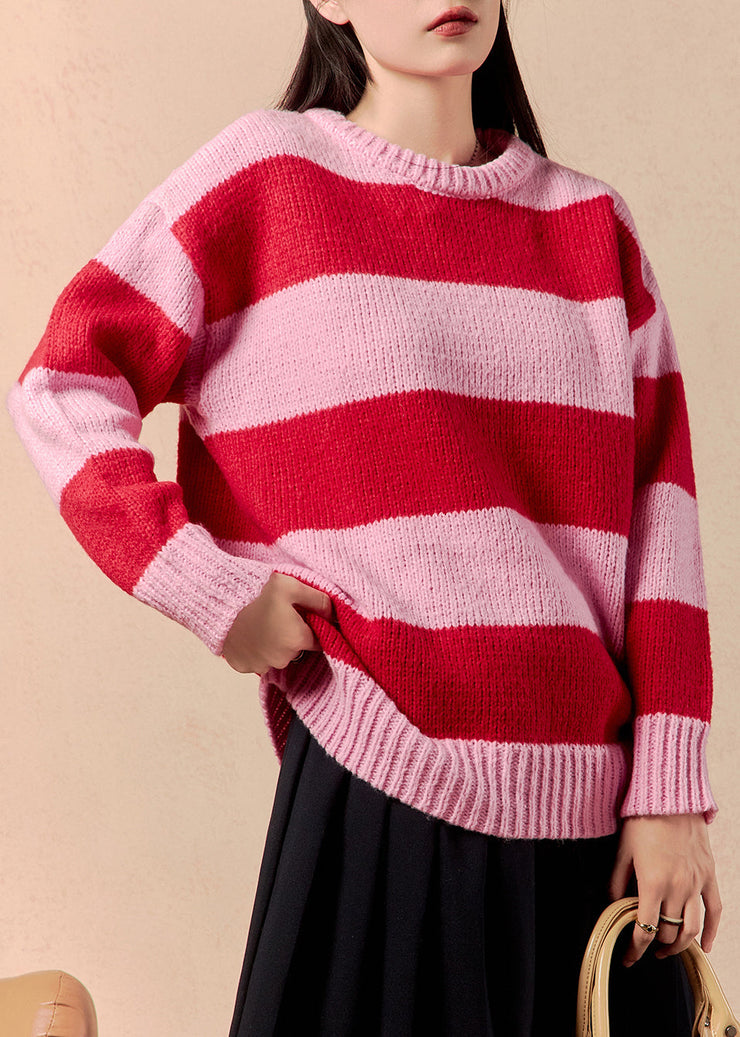 Women Striped O Neck Cozy Patchwork Knit Sweater Winter