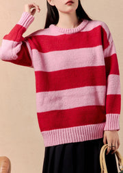 Women Striped O Neck Cozy Patchwork Knit Sweater Winter