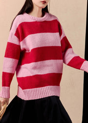 Women Striped O Neck Cozy Patchwork Knit Sweater Winter