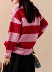 Women Striped O Neck Cozy Patchwork Knit Sweater Winter