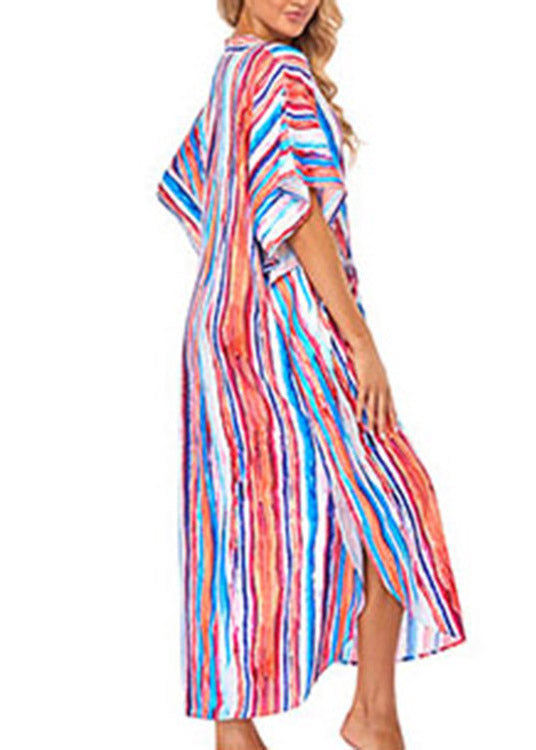 Women Striped Side Open Button Maxi Beach Dress Short Sleeve