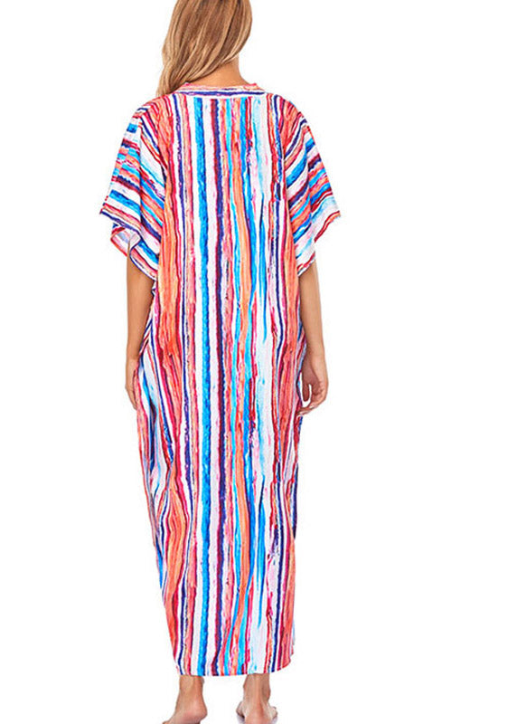 Women Striped Side Open Button Maxi Beach Dress Short Sleeve