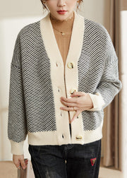 Women Striped V Neck Button Patchwork Knit Coats Fall