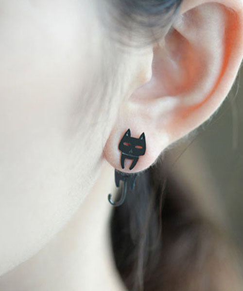 Women Stylish Cat and Fish Asymmetrical Design Metal Stud Earrings