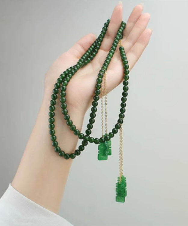 Women Tea Green Sterling Silver Overgild Jade Beading Double Happiness Tassel Pendant Necklace