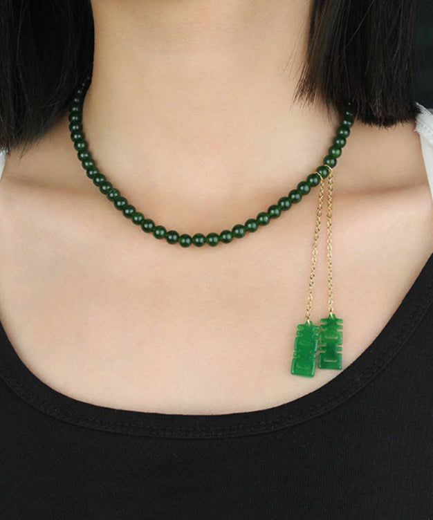 Women Tea Green Sterling Silver Overgild Jade Beading Double Happiness Tassel Pendant Necklace