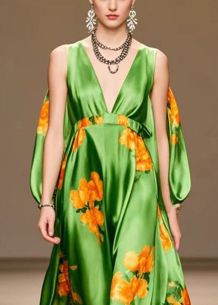 Women Tea Green V Neck Print Silk Long Dresses Summer