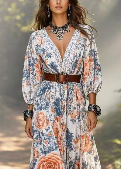 Women V Neck Floral Print Cotton Tunic Dresses Bracelet Sleeve