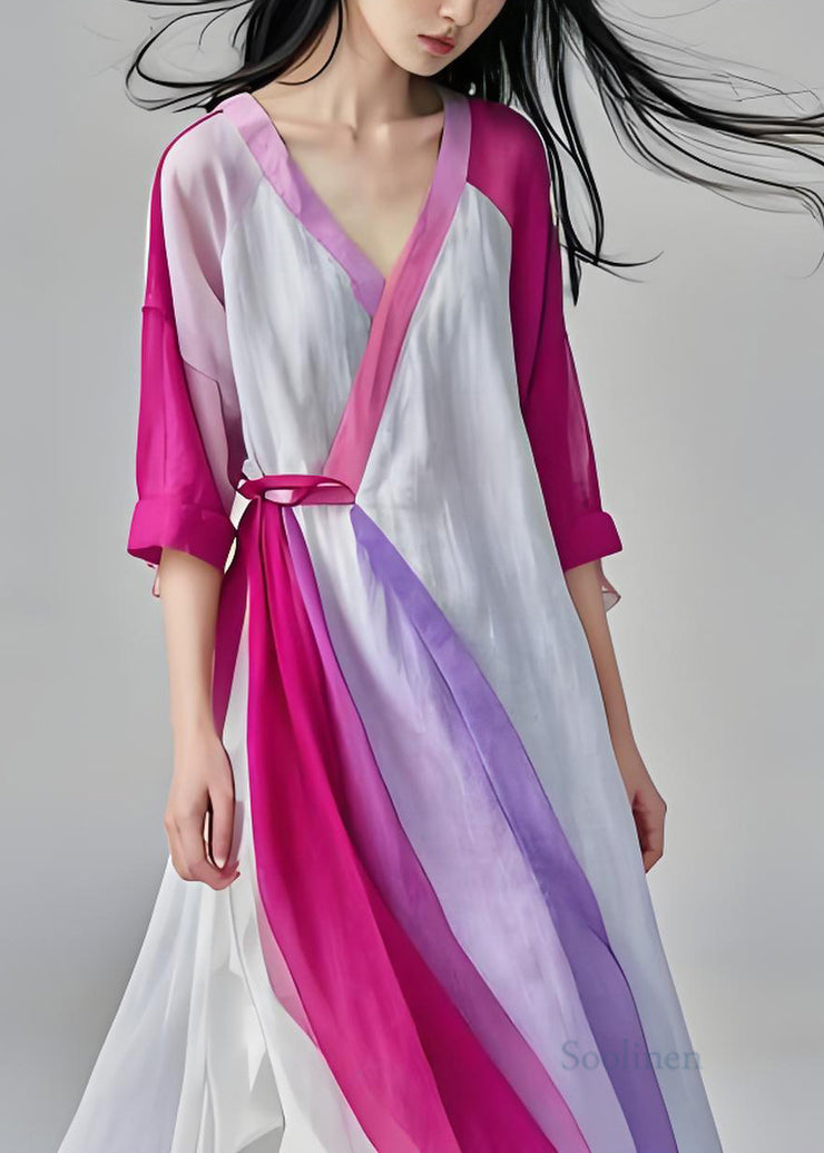 Women V Neck Lace Up Patchwork Cotton Long Dresses Summer