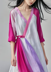 Women V Neck Lace Up Patchwork Cotton Long Dresses Summer