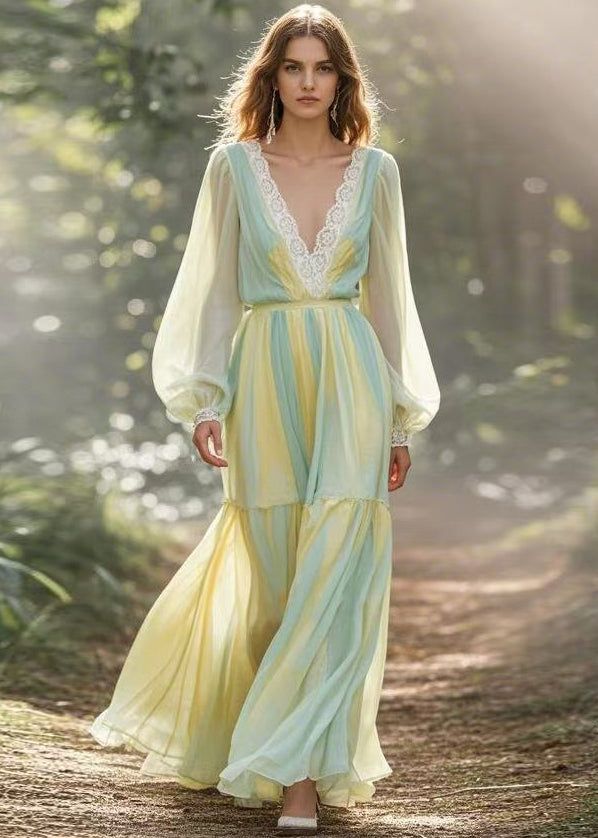 Women V Neck Lace Wrinkled Patchwork Chiffon Dresses Spring