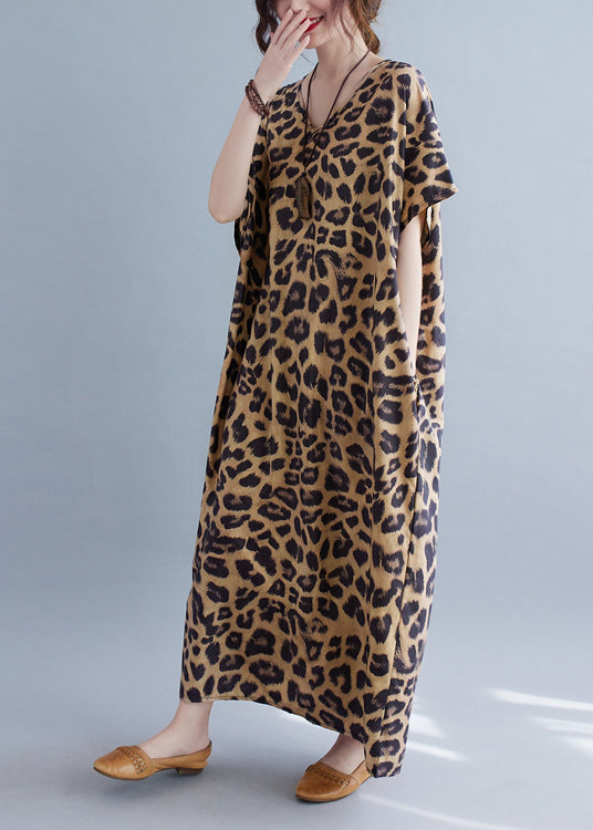 Women V Neck Leopard Print Silk Long Dresses Summer