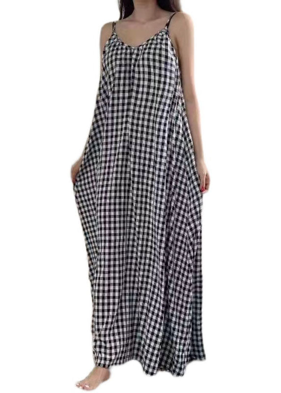 Women V Neck Plaid Cotton Spaghetti Strap Dress Sleeveless