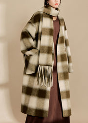 Women V Neck Pockets Plaid Woolen Maxi Coats Spring