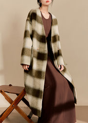 Women V Neck Pockets Plaid Woolen Maxi Coats Spring