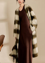 Women V Neck Pockets Plaid Woolen Maxi Coats Spring