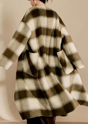 Women V Neck Pockets Plaid Woolen Maxi Coats Fall