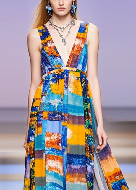 Women V Neck Print Chiffon Long Dress Sleeveless