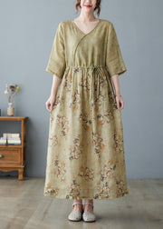 Women V Neck Print Drawstring Linen Maxi Dress Half Sleeve