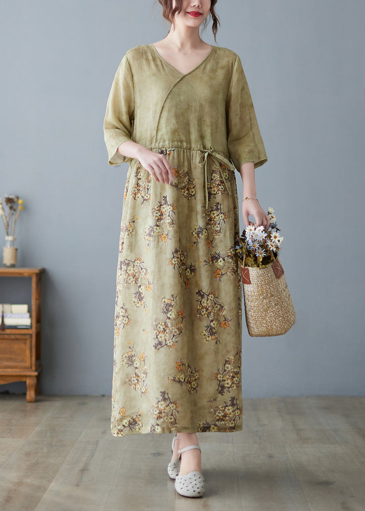 Women V Neck Print Drawstring Linen Maxi Dress Half Sleeve