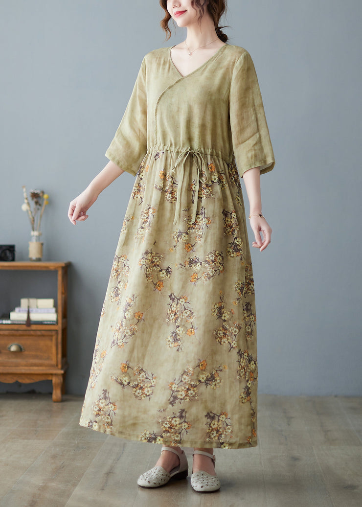 Women V Neck Print Drawstring Linen Maxi Dress Half Sleeve