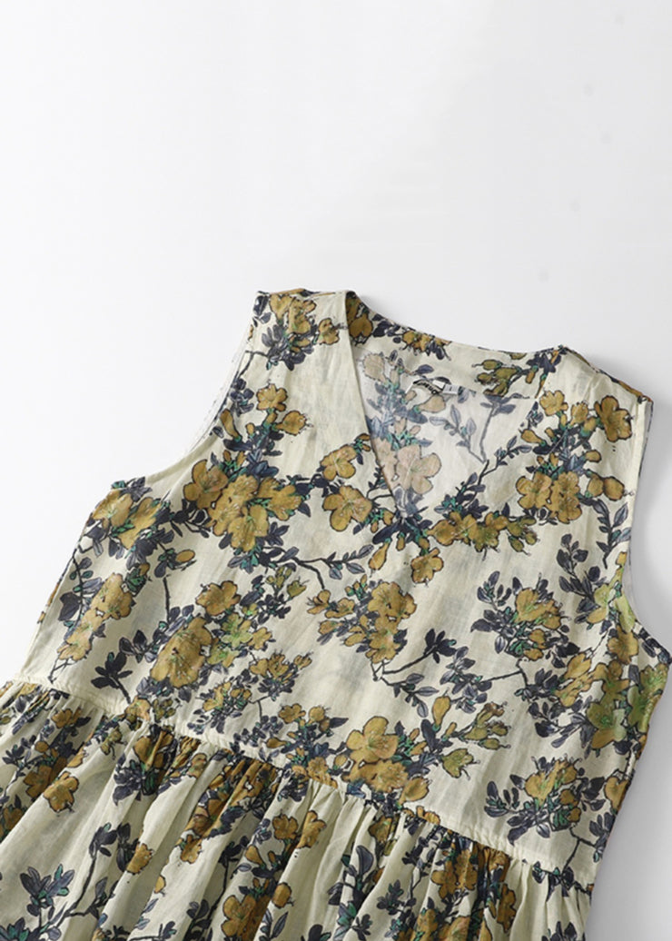 Women V Neck Print High Waist Linen Dresses Sleeveless