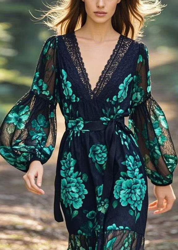 Women V Neck Print Lace Patchwork Tie Waist Chiffon Dress Spring