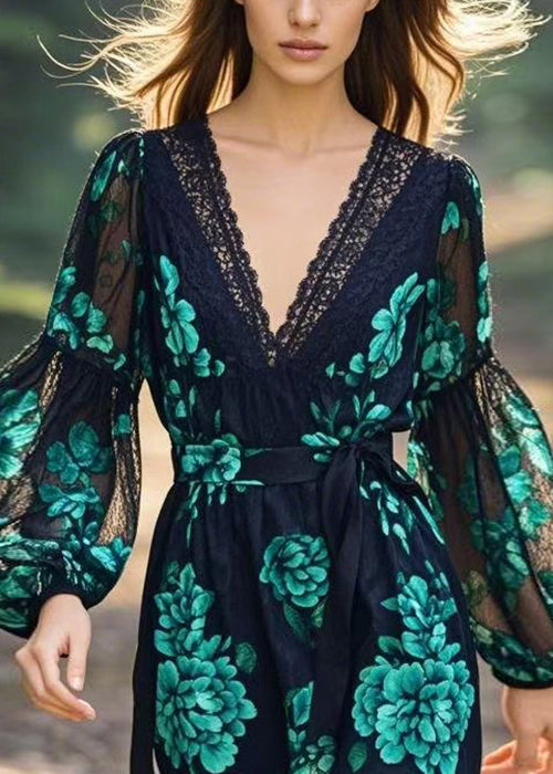 Women V Neck Print Lace Patchwork Tie Waist Chiffon Dress Spring