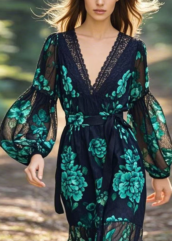 Women V Neck Print Lace Patchwork Tie Waist Chiffon Dress Spring