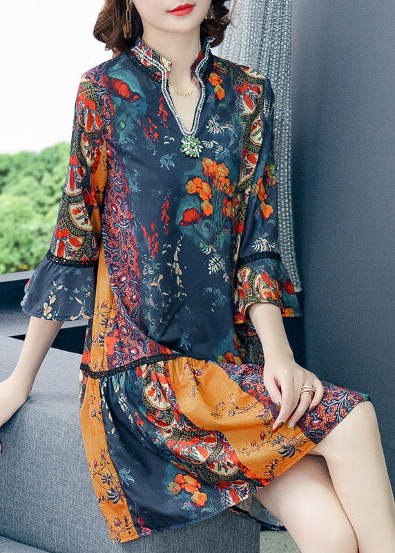 Women V Neck Print Patchwork Chiffon Mid Dresses Summer