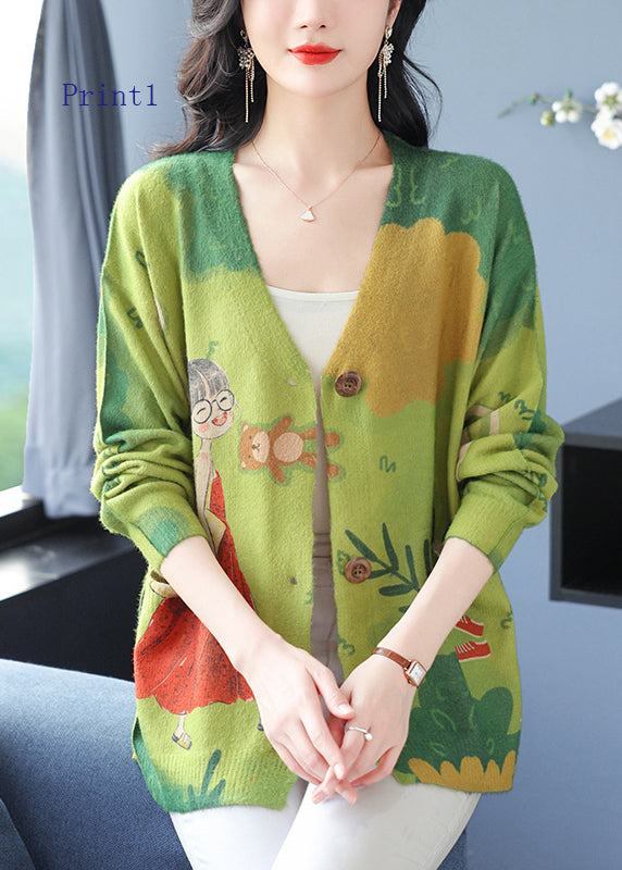 Women V Neck Print Pockets Woolen Cardigans Spring