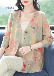 Women V Neck Print Pockets Woolen Cardigans Spring