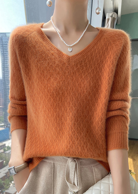 Women Versatile Pink V Neck Knit Sweaters Top Winter