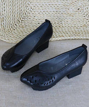 Women Vintage Chunky Heel Black Cowhide Leather Hollow Out